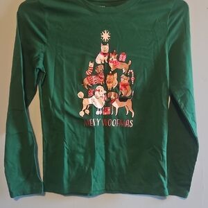 Holiday Time Green Long Sleeve Kids Shirt with Dog Tree Print